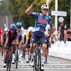 FOURMIES, FRANCE - SEPTEMBER 14: Paul Magnier of France and Team Soudal Quick-Step celebrates at finish line as race winner during the 92nd GP de Fourmies / La Voix du Nord 2025 a 193km one day race from Fourmies to Fourmies on September 14, 2025 in Fourmies, France. (Photo by Rhode Van Elsen/Getty Images)