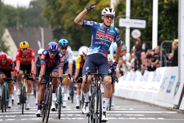 FOURMIES, FRANCE - SEPTEMBER 14: Paul Magnier of France and Team Soudal Quick-Step celebrates at finish line as race winner during the 92nd GP de Fourmies / La Voix du Nord 2025 a 193km one day race from Fourmies to Fourmies on September 14, 2025 in Fourmies, France. (Photo by Rhode Van Elsen/Getty Images)