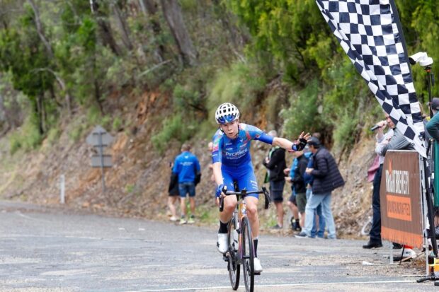 Talia Appleton comes over the line in first place on stage 1 with a margin of more than one minute to her nearest rivals