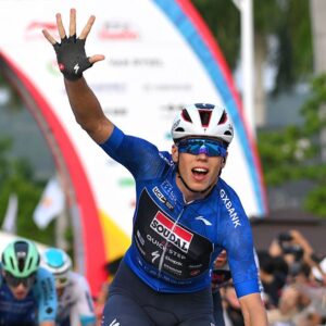 NANNING, CHINA - OCTOBER 19: Paul Magnier of France and Team Soudal Quick-Step - Blue Points Jersey celebrates at finish line as stage winner during the 6th Gree-Tour Of Guangxi 2025, Stage 6 a 134.3km stage from Nanning to Nanning / #UCIWT / on October 19, 2025 in Nanning, China. (Photo by Tim de Waele/Getty Images)