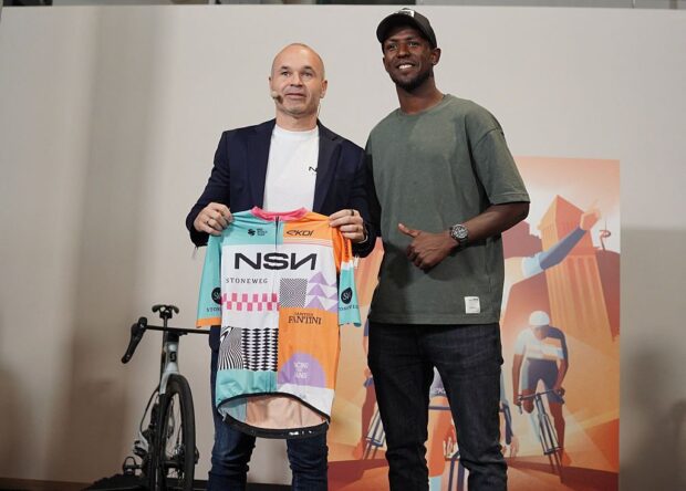 Biniam Girmay and NSN co-founder former Spain and Barcelona football star Andres Iniesta