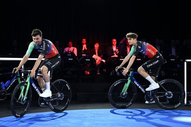VILLENEUVE-D&amp;apos;ASCQ, FRANCE - DECEMBER 11: (L-R) Olav Kooij of the Netherlands and Paul Seixas of France during the presentation of the Team Decathlon &amp;amp; CMA CGM 2026 on December 11, 2025 in Villeneuve-d&amp;apos;Ascq, France. (Photo by Luc Claessen/Getty Images)