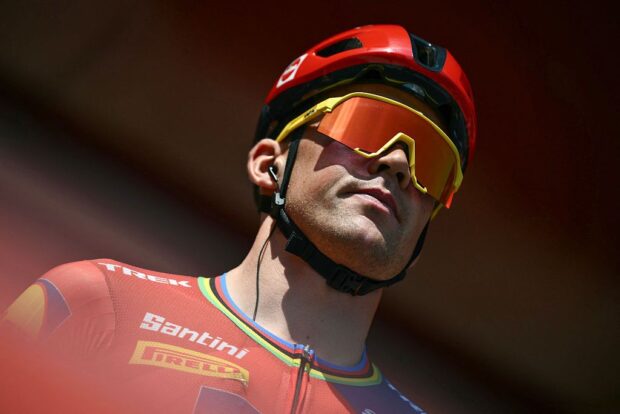 Team Lidl-Trek's Danish rider Mads Pedersen is presented on stage before the start of the first stage of the Vuelta a Espana, a 183 km race between Torino - Reggia di Venaria and Novara, in Italy's Piemonte region, on August 23, 2025. (Photo by Marco BERTORELLO / AFP) (Photo by MARCO BERTORELLO/AFP via Getty Images)