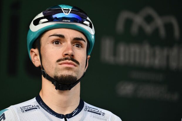 Bahrain Victorious’s French rider Lenny Martinez looks on from the sign-in podium ahead of the 119th edition of the Giro di Lombardia (Tour of Lombardy), a 238km cycling race from Como to Bergamo on October 11, 2025. (Photo by Marco BERTORELLO / AFP)