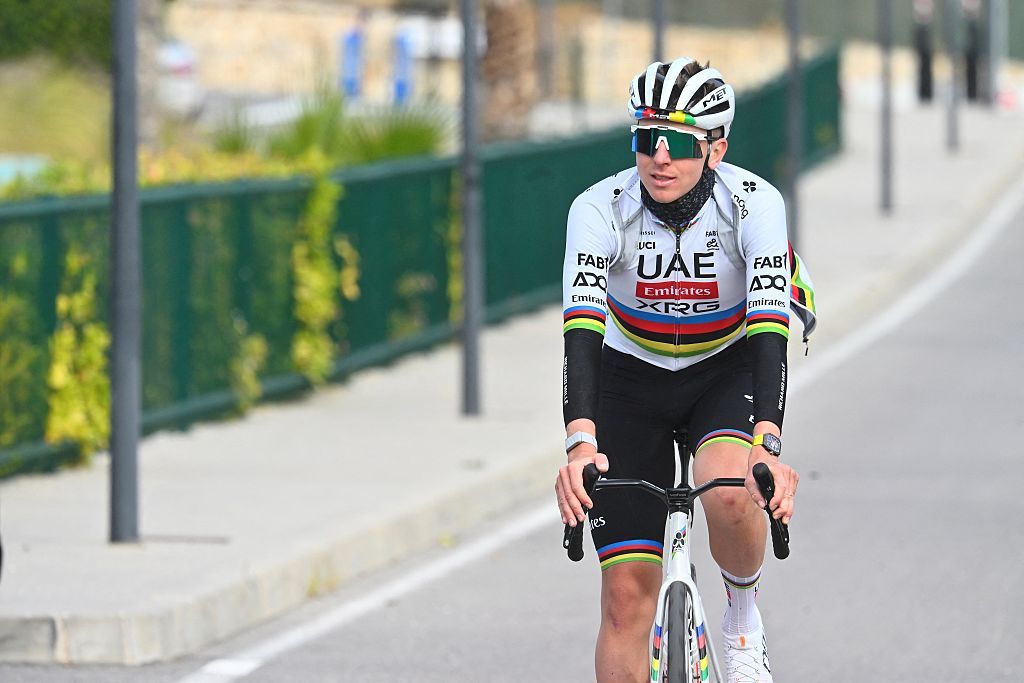 UAE Team Emirate - XRG team's Slovenian rider Tadej Pogacar arrives at the hotel following a training session in Benidorm, eastern Spain, on December 13, 2025. (Photo by Jose JORDAN / AFP)