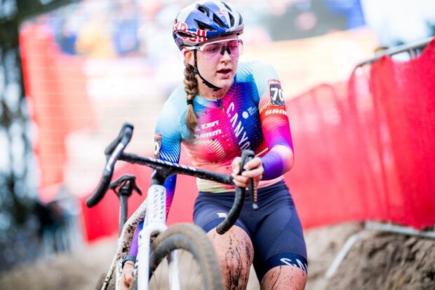 British Zoe Backstedt pictured in action during the women's elite race at the World Cup cyclocross cycling event in Zonhoven on Sunday 22 December 2024, stage 6 (out of 12) of the UCI World Cup competition. BELGA PHOTO JASPER JACOBS (Photo by JASPER JACOBS / BELGA MAG / Belga via AFP)