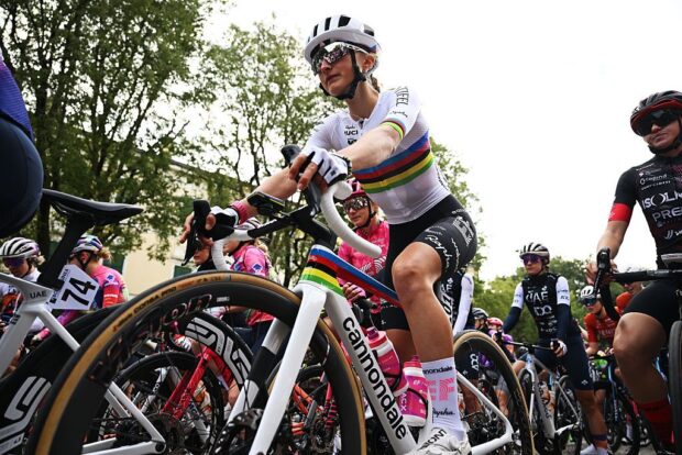 MIRANDOLA, ITALY - OCTOBER 04: Magdeleine Vallieres of Canada and Team EF Education-Oatly as World Champion Jersey prior to the 12th Giro dell&amp;apos;Emilia Internazionale Donne Elite 2025 a 126.7km one day race from Mirandola to San Luca on October 04, 2025 in Mirandola, Italy. (Photo by Dario Belingheri/Getty Images)