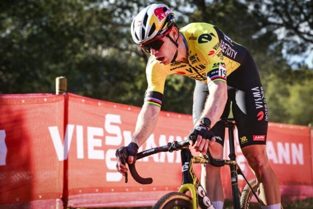 Belgian Wout van Aert pictured in action during the men's elite race at the cyclocross cycling event in Benidorm, Spain, Sunday 19 January 2025, stage 12/14 in the UCI World Cup competition. BELGA PHOTO DAVID PINTENS (Photo by DAVID PINTENS / BELGA MAG / Belga via AFP)