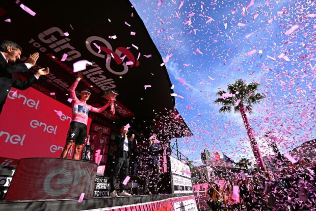 ORTONA, ITALY - MAY 06: Remco Evenepoel of Belgium and Team Soudal - Quick Step celebrates at podium as Pink Leader Jersey winner during the 106th Giro d'Italia 2023, Stage 1 a 19.6km individual time trial from Fossacesia Marina to Ortona / #UCIWT / on May 06, 2023 in Ortona, Italy. (Photo by Stuart Franklin/Getty Images,)