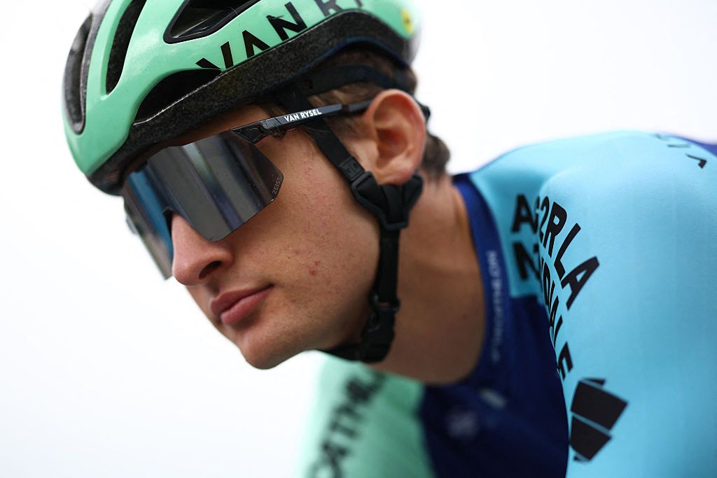 Decathlon-AG2R French rider Paul Seixas looks on prior to the 1st stage of the 77th edition of the Criterium du Dauphine cycling race, 195,8 km between Domérat and Montlucon, on June 8, 2025. (Photo by Anne-Christine POUJOULAT / AFP)