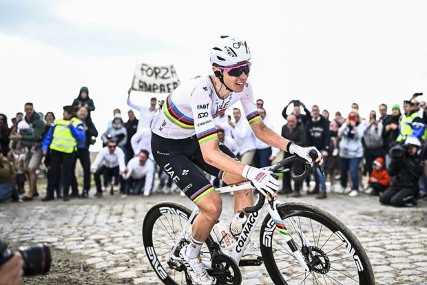 Slovenian Tadej Pogacar of UAE Team Emirates pictured in action during the men elite race of the 'Paris-Roubaix' one day cycling race, 259,2 km from Compiegne to Roubaix, France, on Sunday 13 April 2025. BELGA PHOTO JASPER JACOBS (Photo by JASPER JACOBS / BELGA MAG / Belga via AFP)