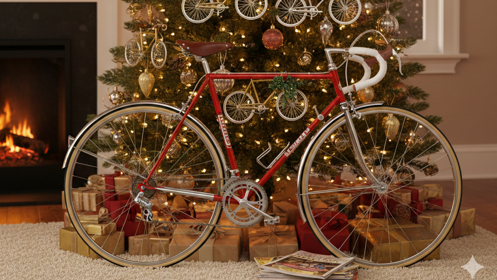 Un árbol de Navidad con una bicicleta a sus pies. 