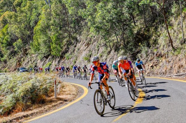 Oscar Onley (Picnic PostNL) at the front of the group on the slopes of Mt Buffalo, the final stage of the Tour of Bright