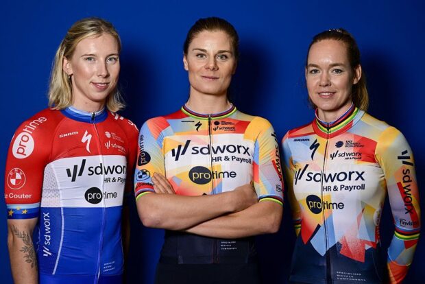 Dutch Lorena Wiebes, Belgian Lotte Kopecky and Dutch Anna van der Breggen of SD Worx-Protime pose for the photographer at the team presentation of the Team SD Worx-Protime cycling team, at the photography museum (FOMU), in Antwerp, Thursday 08 January 2026. BELGA PHOTO DIRK WAEM (Photo by DIRK WAEM / BELGA MAG / Belga via AFP)