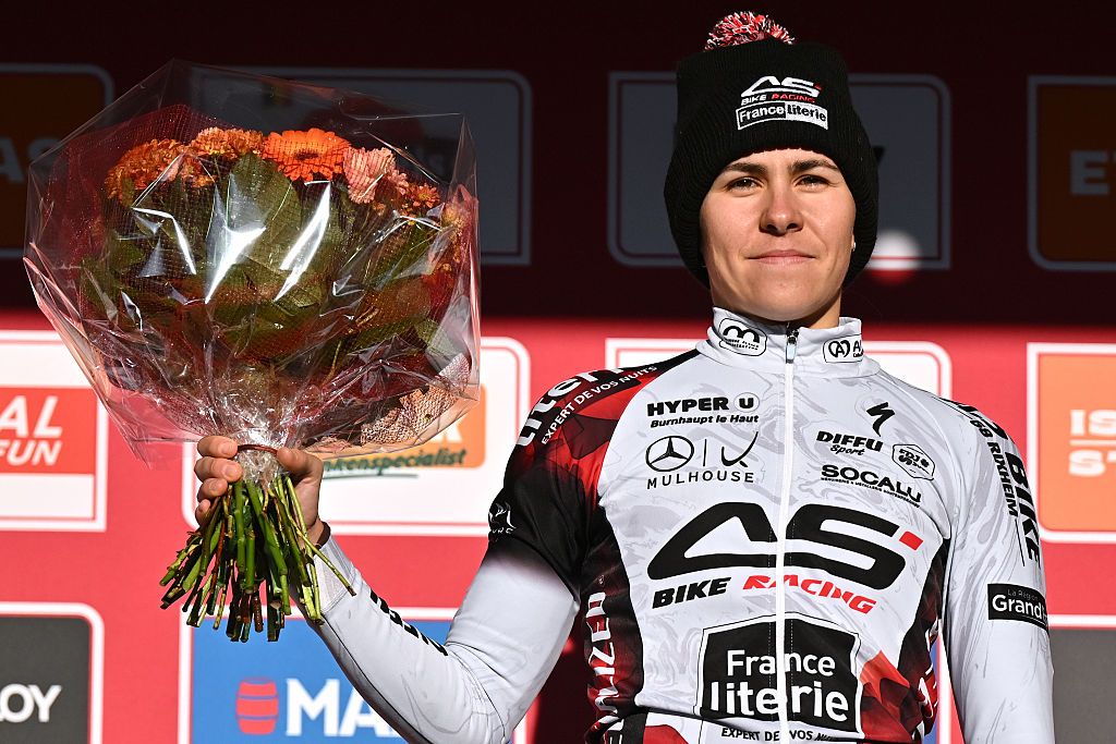 GAVERE, BELGIUM - DECEMBER 26: Celia Gery of France and Team AS Bike Racing / France Literie celebrates at podium as race winner during the 4th UCI Cyclo-cross World Cup Gavere 2025 - Women&amp;apos;s U23 on December 26, 2025 in Gavere, Belgium. (Photo by Luc Claessen/Getty Images)
