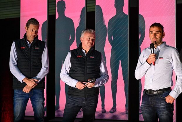 Lotto-Intermarché's CEO Jean-François Bourlart (c) at the 2026 team presentation