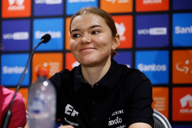 ADELAIDE, AUSTRALIA - JANUARY 16: Noemi Ruegg of Switzerland and Team EF Education-Oatly during the 26th Santos Tour Down Under 2026, Press Conference on January 16, 2026 in Adelaide, Australia. (Photo by Con Chronis/Getty Images)