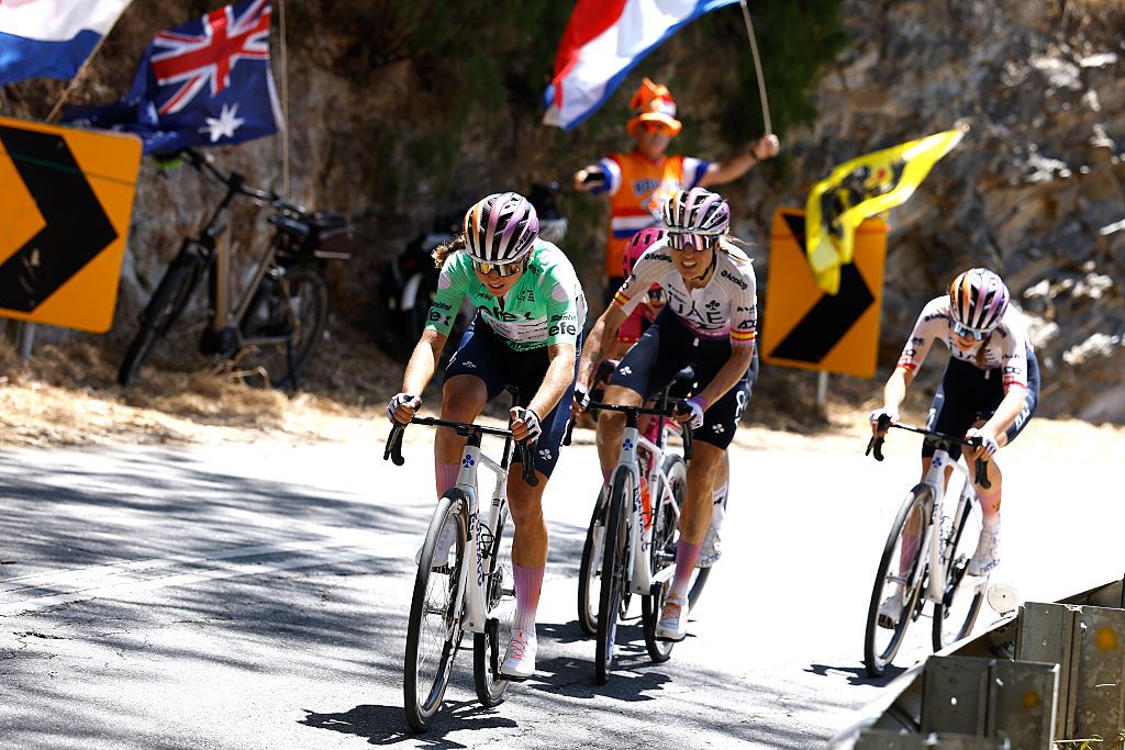 CAMPBELLTOWN, AUSTRALIA - JANUARY 19: Paula Blasi of Spain and UAE Team ADQ - Polka Dot Mountain Jersey leads the attack during the 10th Santos Women's Tour Down Under 2026, Stage 3 a 126.5km stage from Norwood to Campbelltown / #UCIWWT / on January 19, 2026 in Campbelltown, Australia. (Photo by Con Chronis/Getty Images)
