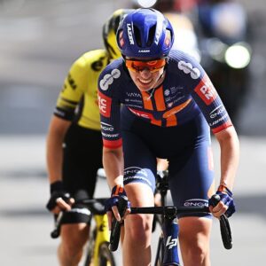 LEUVEN, NETHERLANDS - SEPTEMBER 02: Pfeiffer Georgi of Great Britain and Team Picnic PostNL competes in the breakaway during the 27th Simac Ladies Tour 2025, Stage 1 a 81.3km stage from Leuven to Leuven / #UCIWWT / on September 02, 2025 in Leuven, Netherlands. (Photo by Luc Claessen/Getty Images)