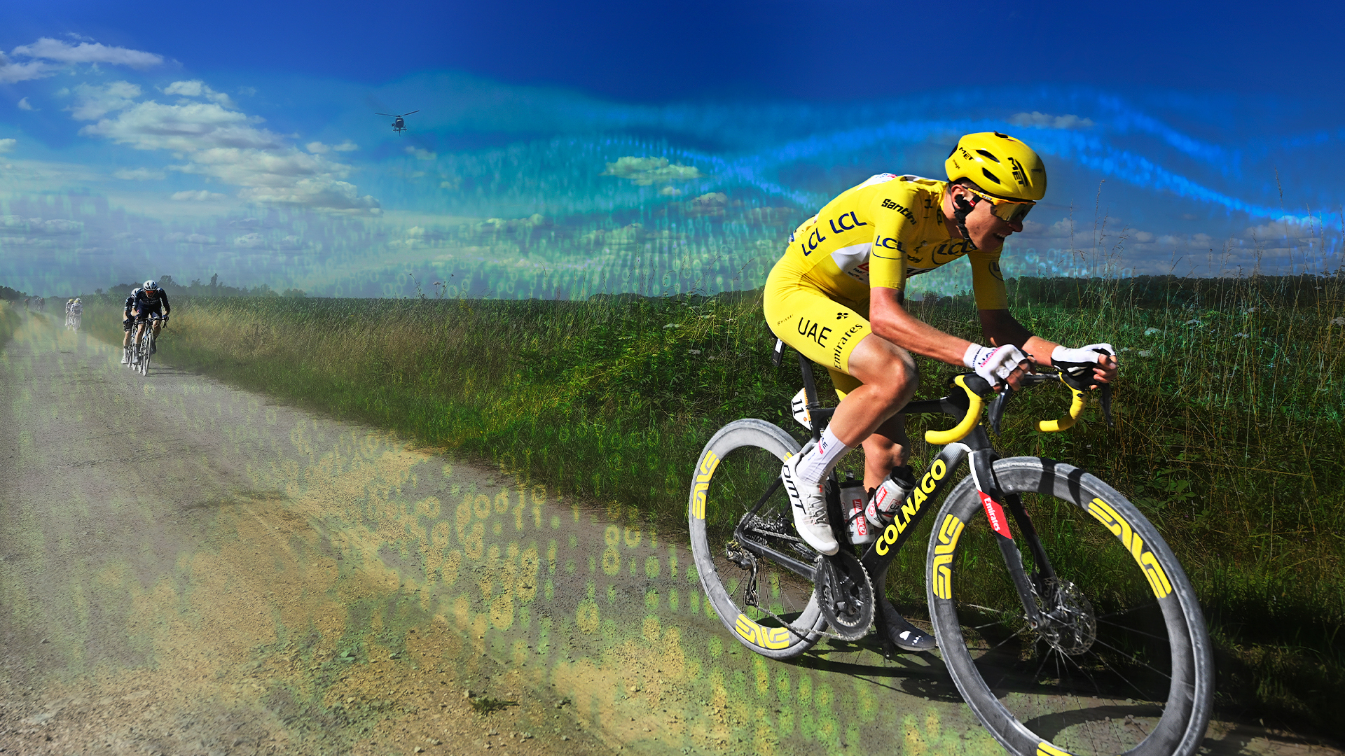 Tadej Pogačar al ataque con una superposición digital