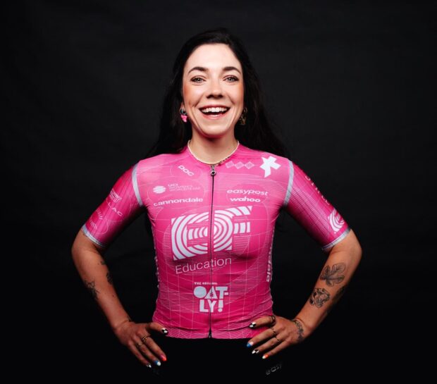 Axelle Dubau-Prévot poses in her EF Education-Oatly kit