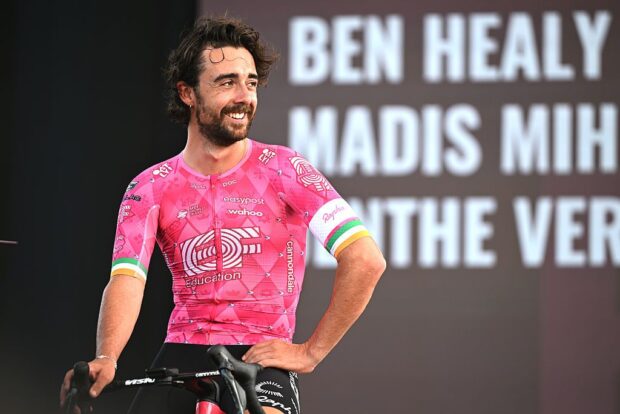 SINGAPORE, SINGAPORE - NOVEMBER 01: Ben Healy of Ireland and Team EF Education–EasyPost during the team presentation prior to the 4th Tour de France EFGH Singapore 2025 on November 01, 2025 in Singapore. (Photo by Szymon Gruchalski/Getty Images)
