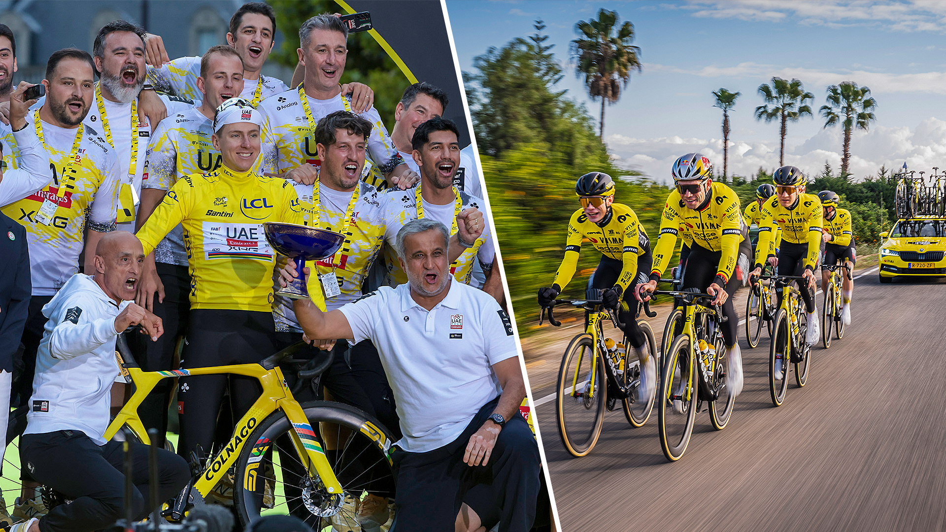 Una imagen combinada de los ciclistas del UAE Team Emirates-XRG y Visma-Lease a Bike