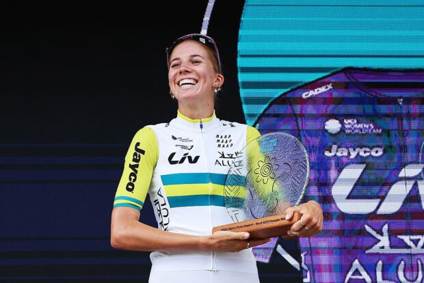 GEELONG, AUSTRALIA - JANUARY 31: Mackenzie Coupland of Australia and Team Liv AlUla Jayco celebrates at podium as best Australian Rider during the 10th Mapei Cadel Evans Great Ocean Road Race 2026, Women's Elite a 141.2km one day race from Geelong to Geelong / #UCIWWT / on January 31, 2026 in Geelong, Australia. (Photo by Con Chronis/Getty Images)