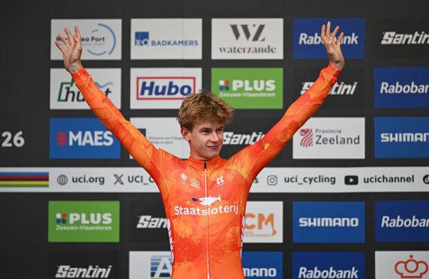 HULST, NETHERLANDS - FEBRUARY 01: Tibor Del Grosso of Netherlands celebrates at podium as silver medal winner during the 77th UCI Cyclo-Cross World Championships 2026 - Men&amp;apos;s Elite / #UCIWT / on February 01, 2026 in Hulst, Netherlands. (Photo by Luc Claessen/Getty Images)