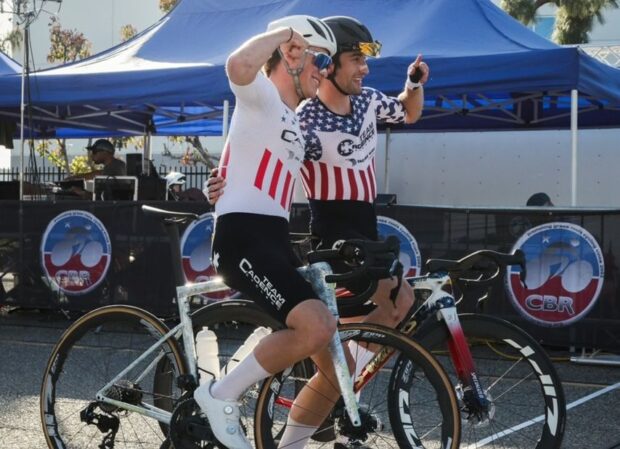 Luke Fetzer (left) and Lucas Bourgoyne start Race #2 in SoCal Series on Feburary 1, 2026 in US national jerseys for Team Cadence Cyclery p/b Waldo Racing