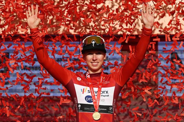 MADINAT ZAYED, UNITED ARAB EMIRATES - FEBRUARY 05: Lorena Wiebes of Netherlands and Team SD Worx - Protime celebrates at podium as Red Leader Jersey winner during the 4th UAE Tour Women 2026, Stage 1 a 111km stage from Al Mirfa to Madinat Zayed on February 05, 2026 in Madinat Zayed, United Arab Emirates. (Photo by Tim de Waele/Getty Images)