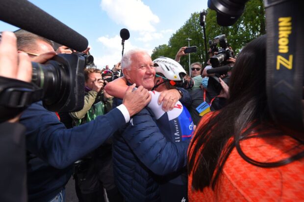 LIEGE, BELGIUM - APRIL 24: Remco Evenepoel of Belgium and Team Quick-Step - Alpha Vinyl celebrates as race winner with Patrick Lefevere of Belgium CEO Team manager during the 108th Liege - Bastogne - Liege 2022 - Men&amp;apos;s Elite a 257,2km one day race from Liège to Liège / #LBL / #WorldTour / on April 24, 2022 in Liege, Belgium. (Photo by Luc Claessen/Getty Images)