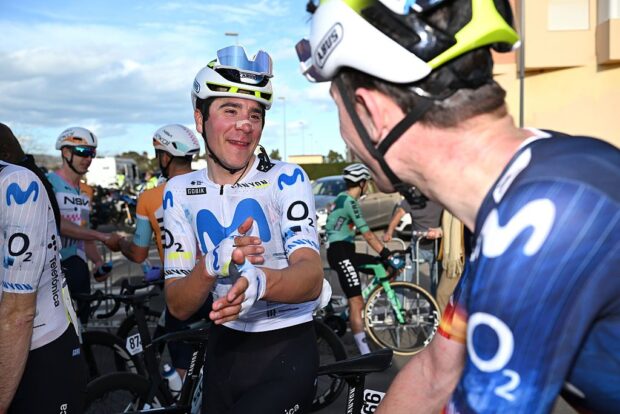 TORREBLANCA, SPAIN - FEBRUARY 04: Cian Uijtdebroeks of Belgium and Movistar Team reacts after the 77th Volta Comunitat Valenciana 2026, Stage 1 a 160km stage from Segorbe to Torreblanca on February 04, 2026 in Torreblanca, Spain. (Photo by Szymon Gruchalski/Getty Images)