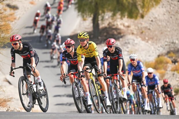BIMMAH SINKHOLE, OMAN - FEBRUARY 07: (L-R) William Barta of United States and Tudor Pro Cycling Team and Sepp Kuss of United States and Team Visma