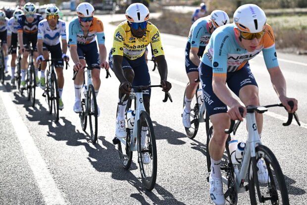 SAN VICENTE DEL RASPEIG, SPAIN - FEBRUARY 06: Biniam Girmay of Eritrea and NSN Cycling Team - Yellow Leader Jersey competes during the 77th Volta Comunitat Valenciana 2026, Stage 3 a 158km stage from Orihuela to San Vicente del Raspeig 115m on February 06, 2026 in San Vicente del Raspeig, Spain. (Photo by Szymon Gruchalski/Getty Images)