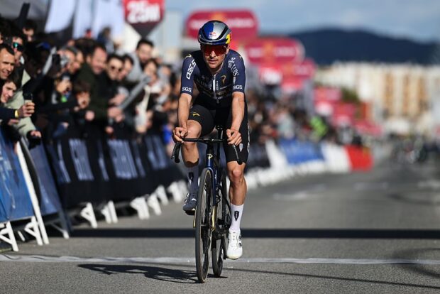 YECLA, SPAIN - FEBRUARY 13: Thomas Pidcock of Great Britain and Team Pinarello Q36.5 Pro Cycling crosses the finish line as third place winner during the 46th Vuelta a la Region de Murcia 2026, Stage 1 a 83.5km stage from Fortuna to Yecla 598m / The race has been neutralized due to strong winds and will resume again at 2pm from the town of Fortuna / on February 13, 2026 in Yecla, Spain.