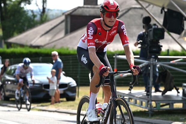 MONT-DE-L&amp;apos;ENCLUS, BELGIUM - AUGUST 15: Robin Orins of Belgium and Team Lotto competes during the 84th Circuit Franco-Belge 2025 a 206.7km one day race from Tournai to Mont-de-l&amp;apos;Enclus on August 15, 2025 in Mont-de-l&amp;apos;Enclus, Belgium. (Photo by Luc Claessen/Getty Images)