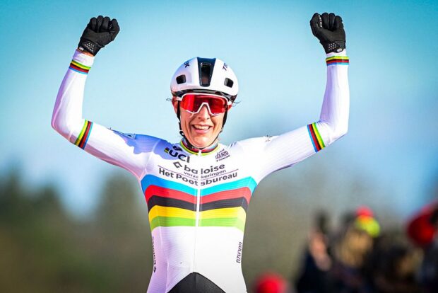 Netherlands' Lucinda Brand celebrates as she crosses the finish line to win the women's elite race of the 'Waaslandcross' cyclo-cross cycling event, stage 7 out of 7 of the Exact Cross competition in Sint-Niklaas on February 14, 2026. (Photo by DAVID PINTENS / Belga / AFP) / Belgium OUT