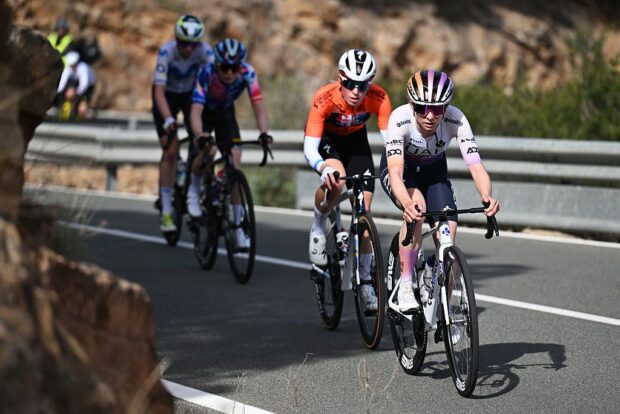 VALENCIA, SPAIN - FEBRUARY 15: (L-R) Demi Vollering of Netherlands and Team FDJ United - SUEZ - Orange Leader Jersey and Maeva Squiban of France and UAE Team ADQ compete in the breakaway during the 10th Setmana Ciclista - Volta Femenina de la Comunitat Valenciana 2026, Stage 4 a 117km stage from Sagunt to Valencia on February 15, 2026 in Valencia, Spain. (Photo by Szymon Gruchalski/Getty Images)