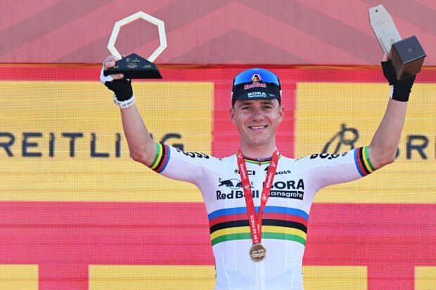 ABU DHABI, UNITED ARAB EMIRATES - FEBRUARY 17: Remco Evenepoel of Belgium and Team Red Bull - BORA - hansgrohe celebrates at podium as stage winner during the 8th UAE Tour 2026, Stage 2 a 12.2km individual time trial stage from Hudayriyat Island to Hudayriyat Island / #UCIWT / on February 17, 2026 in Abu Dhabi, United Arab Emirates. (Photo by Tim de Waele/Getty Images)
