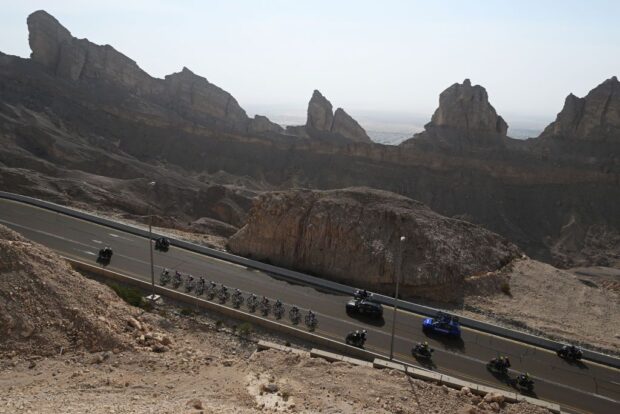 JEBEL HAFEET, UNITED ARAB EMIRATES - FEBRUARY 23: Tadej Pogacar of Slovenia and UAE Team Emirates - Red Leader Jersey, Giulio Ciccone of Italy and Team Lidl-Trek, Oscar Onley of The United Kingdom and Team Picnic PostNL, Finn Fisher-Black of New Zealand and Team Red Bull - Bora - Hansgrohe, Pello Bilbao Lopez De Armentia of Spain and Team Bahrain Victorious, Pablo Castrillo Zapater of Spain and Team Movistar Team, Ivan Romeo Abad of Spain and Team Movistar Team, Ramses Debruyne of Belgium and Team Alpecin-Deceuninck, Patrick Konrad of Austria and Team Lidl-Trek, William Junior Lecerf of Belgium and Team Soudal Quick-Step and Harold Alfonso Tejada Canacue of Colombia and XDS Astana Team compete in the breakaway during the 7th UAE Tour, Stage 7 a 176km stage from Al Ain Hazza Bin Zayed Stadium to Jebel Hafeet 1031m / #UCIWWT / on February 23, 2025 in Jebel Hafeet, United Arab Emirates. (Photo by Dario Belingheri/Getty Images)