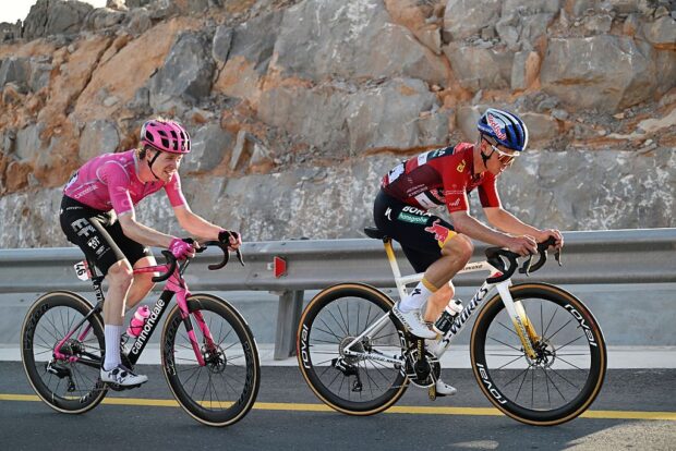 2026 UAE Tour stage 3: Remco Evenepoel (r) struggles on the final climb