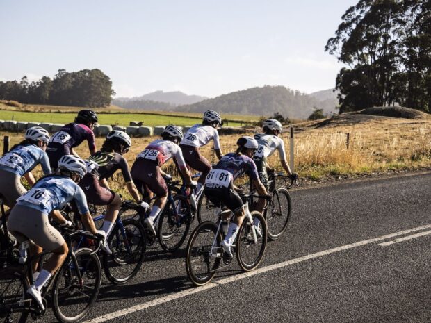 The front of the women's field on stage 2 of the Tour of Tasmania, the second round of the 2026 ProVelo Super League