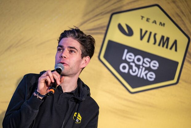 Belgian Wout van Aert pictured during the team presentation of the Team Visma-Lease a Bike cycling team in Alicante, Spain, Tuesday 13 January 2026. BELGA PHOTO DAVID PINTENS (Photo by DAVID PINTENS / BELGA MAG / Belga via AFP)