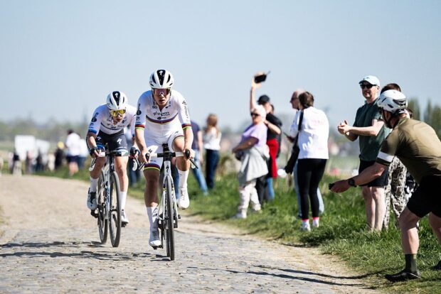 ROUBAIX, FRANCE - APRIL 12: Lotte Kopecky of Belgium and team SD Worx and Lorena Wiebes of Netherlands and Team SD Worx-Protime competes during the 5th Paris-Roubaix Femmes 2025, a 148.5km one day race from Denain to Roubaix, on April 12, 2025 in Roubaix, France. (Photo by Billy Ceusters/Getty Images)