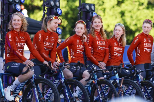 ADELAIDE, AUSTRALIA - JANUARY 16: A general view of Lotte Claes of Belgium, Julie de Wilde of Belgium, Flora Perkins of Great Britain, Carina Schrempf of Austria, Xaydee van Sinaey of Belgium, Fien van Eynde of Belgium and Team Fenix-Premier Tech during the 26th Santos Tour Down Under 2026, Team Presentation on January 16, 2026 in Adelaide, Australia. (Photo by Con Chronis/Getty Images)
