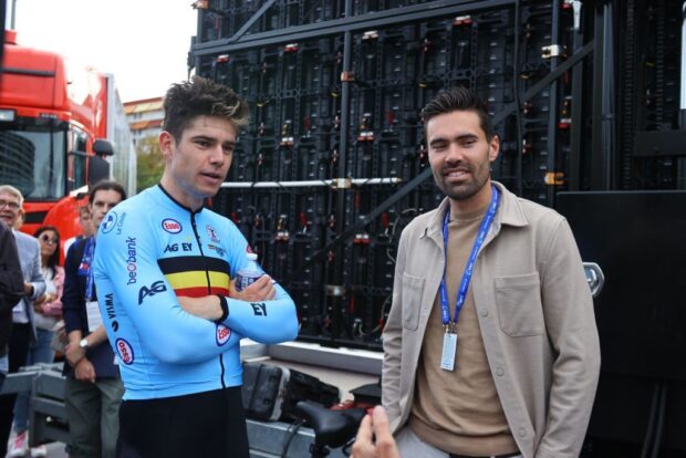 Belgian Wout van Aert and Dutch former cyclist Tom Dumoulin pictured after the elite men individual time trial at the UEC Road European Championships, a 29,5km track in Emmen, The Netherlands, Wednesday 20 September 2023. The European cycling championships takes place from 20 to 24 september.