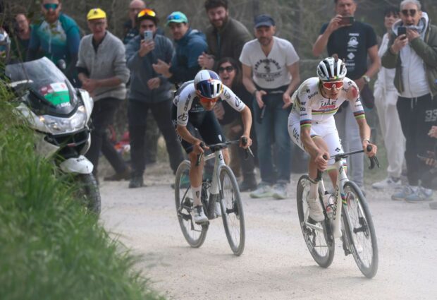 SIENA, ITALY - MARCH 08: (L-R) Tom Pidcock of The United Kingdom and Q36.5 Pro Cycling Team and Tadej Pogacar of Slovenia and UAE Team Emirates-XRG compete in the breakaway during the 19th Strade Bianche 2025, Men&amp;apos;s Elite a 213km one day race from Siena to Siena 320m / #UCIWT / on March 08, 2025 in Siena, Italy. (Photo by Luca Bettini - Pool/Getty Images)