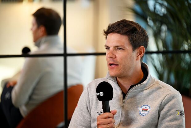 Belgian Jasper Stuyven with a microphone in casual dress makes a first appearance with Soudal-QuickStep in 2026 at media day in January