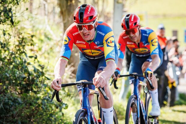 OUDENAARDE, BELGIUM - APRIL 6: Mads Pedersen of LIDL - TREK of Denmark, Jasper Stuyven of LIDL - TREK of Belgium during the match between Ronde van Vlaanderen v Men&amp;apos;s Elite at the Oudenaarde on April 6, 2025 in Oudenaarde Belgium (Photo by Pim Waslander/Soccrates/Getty Images)